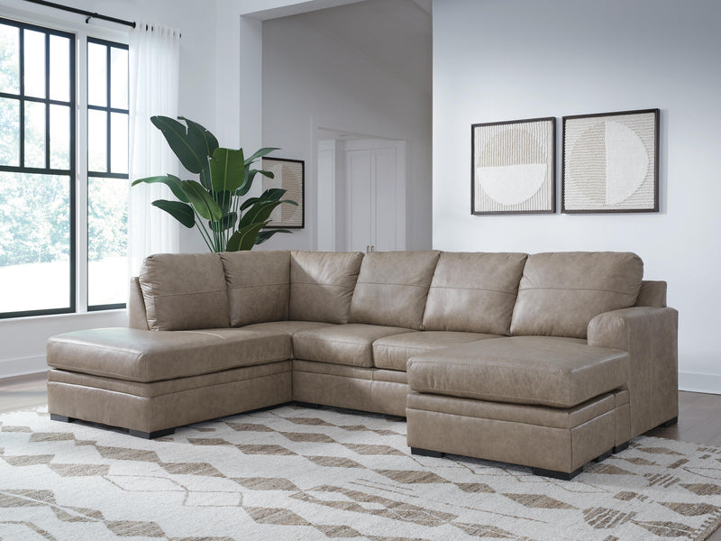 Ashley Furniture Amuleto sectional with chaise, grey fabric sofa featuring plush cushions and modern design, perfect for living rooms.