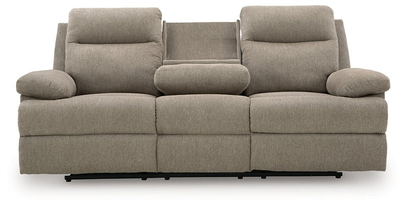 Side-Swipe Reclining Sofa with Drop Down Table
