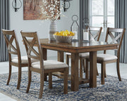Ashley Moriville dining room set featuring a wooden table and six upholstered chairs in a modern, elegant design.