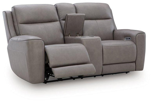 Ashley Furniture 5Z-Comfort Power Reclining Loveseat with Console, showing plush fabric upholstery and built-in reclining controls.