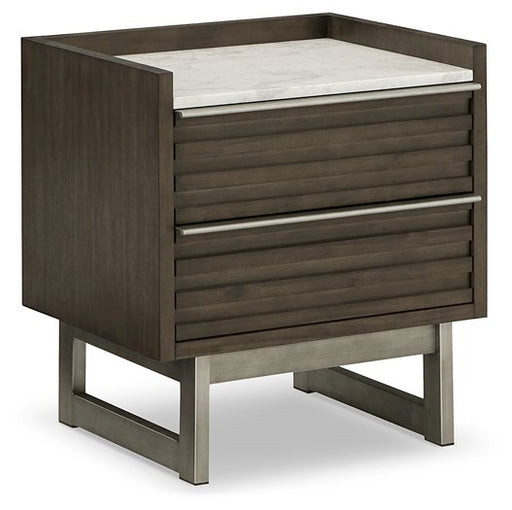 Ashley Furniture Arkenton nightstand with a closed drawer and wood finish, shown from an angled side view.