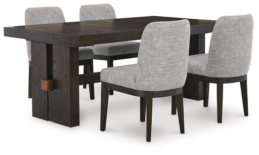 Ashley Furniture Burkhaus dining room set with a rectangular table and six upholstered chairs in a modern design.
