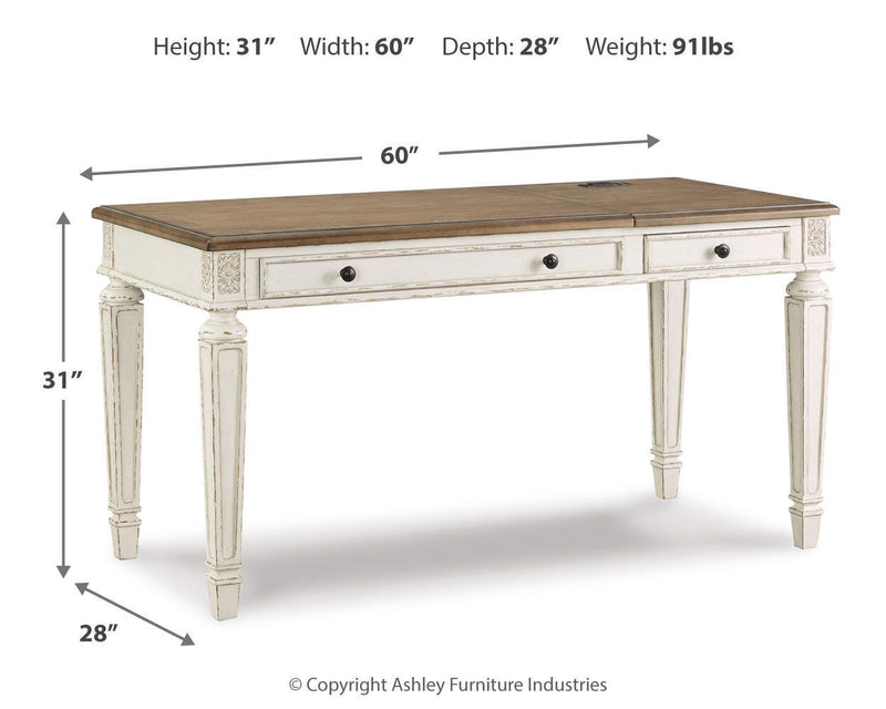 Realyn Ashley Furniture home office set featuring a desk, chair, and storage options in a modern design.