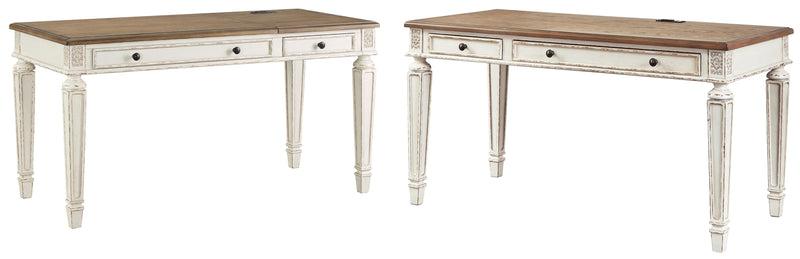 Ashley Furniture Realyn Home Office Set with desk, chair, and storage components, designed for a stylish workspace.
