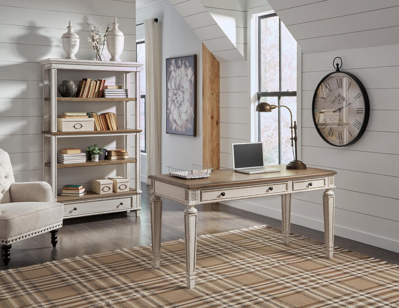 Ashley Furniture Realyn Home Office Set with desk, chair, and storage units in a modern wood finish.