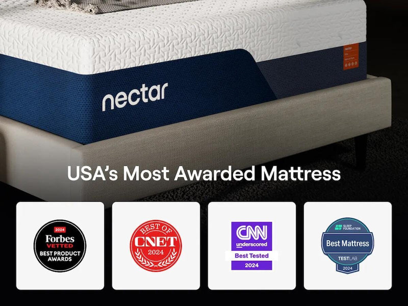 Nectar Ultra Memory Foam Mattress showing a plush, layered surface with a white and blue design for comfortable sleep.