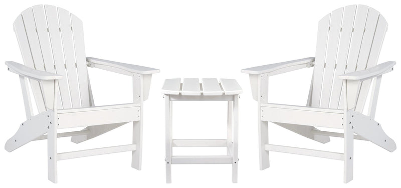 Outdoor Sundown Treasure Ashley Furniture seating set with table, featuring cushioned chairs and a glass-topped table.