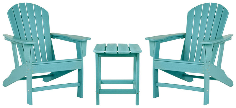 Ashley Furniture Sundown Treasure outdoor seating set with a table and chairs, ideal for patio or garden relaxation.