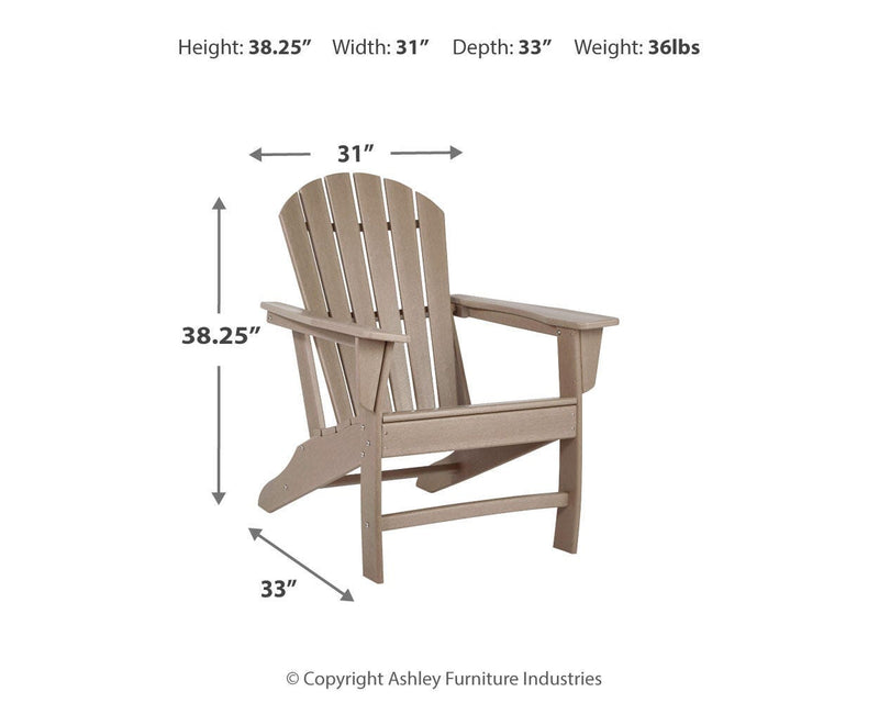 Outdoor Sundown Treasure seating set by Ashley Furniture, includes table and chairs with detailed woven design for patio use.