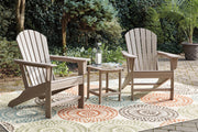 Ashley Furniture Sundown Treasure outdoor seating set with table and chairs, featuring woven design and comfortable cushions.