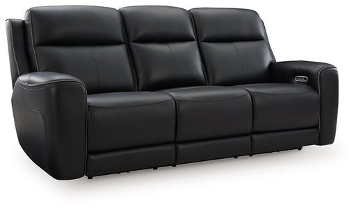 Ashley Furniture 5Z-Relaxation power reclining sofa with plush cushions and dark upholstery, shown from an angled view with closed recliner.