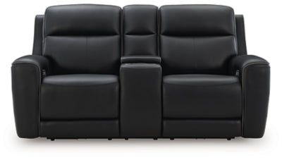 Ashley Furniture 5Z-Relaxation Power Reclining Loveseat with console, showing plush upholstery and built-in cupholders from a head-on view.